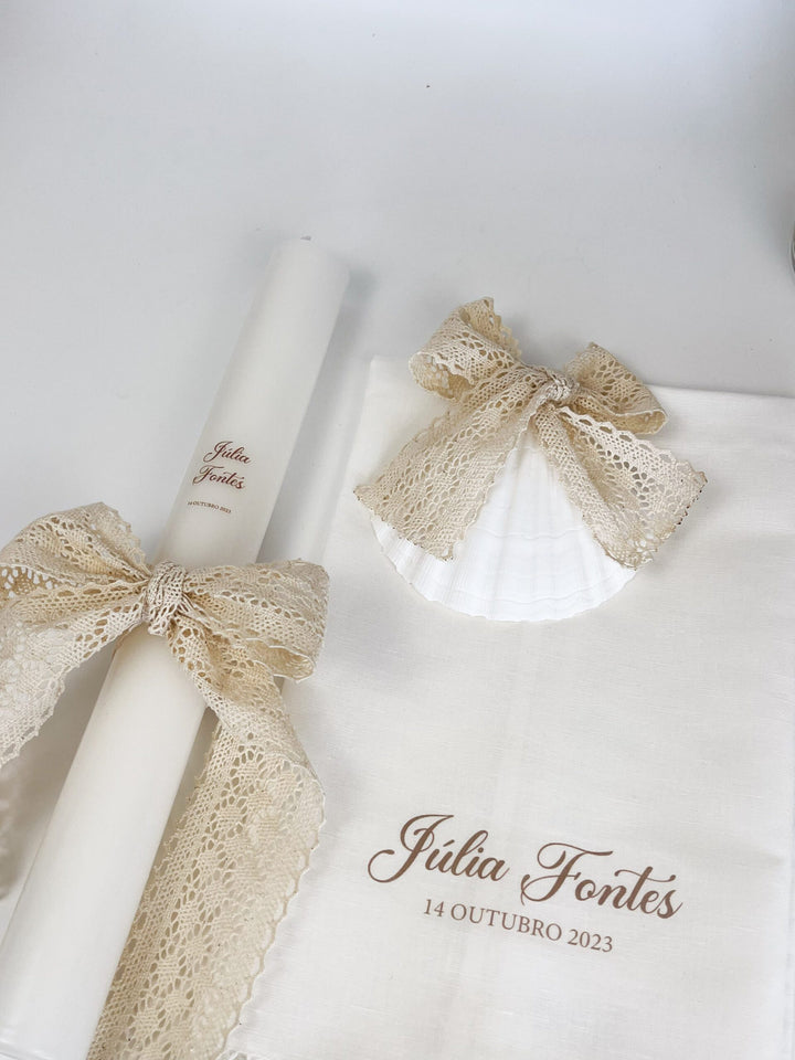 Conjunto Batizado RENDA POEMA com Vela Toalha e Concha