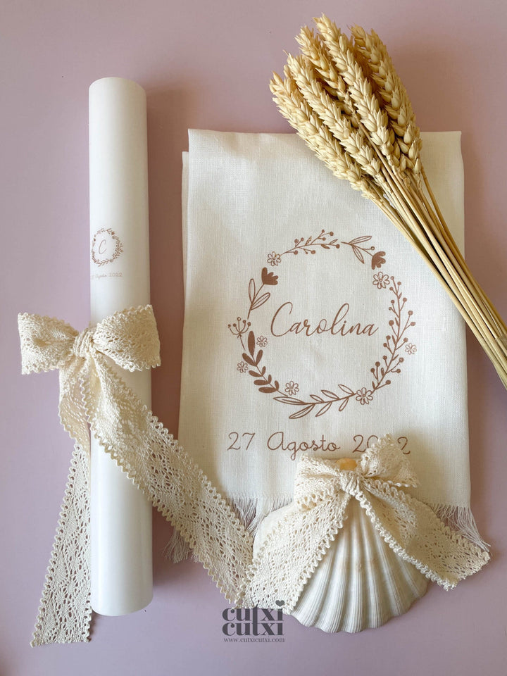 Conjunto Batizado RENDA POEMA com Vela Toalha e Concha