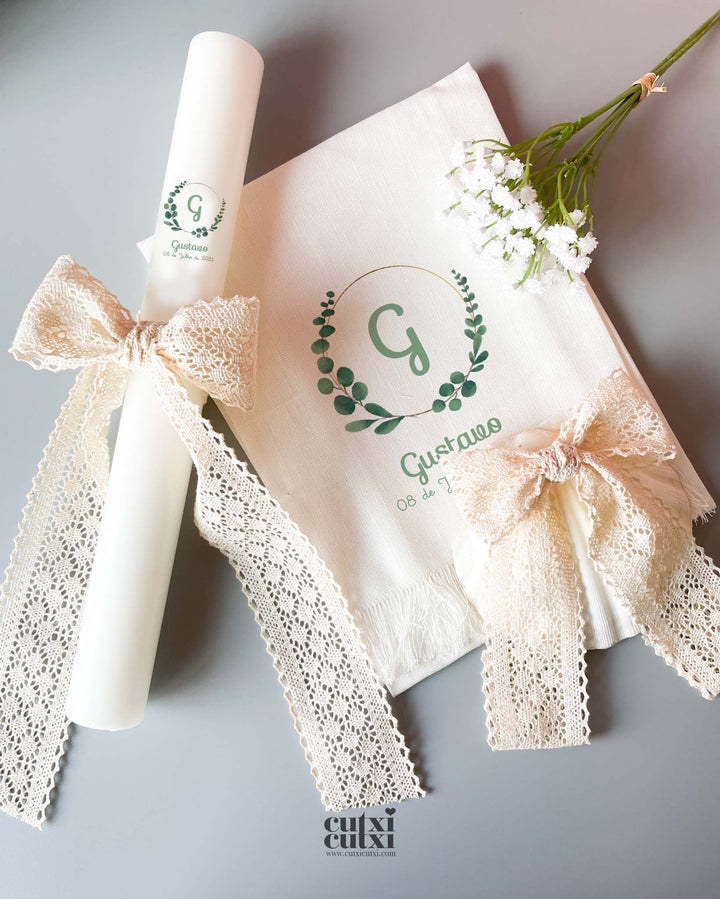 Conjunto Batizado RENDA POEMA com Vela Toalha e Concha