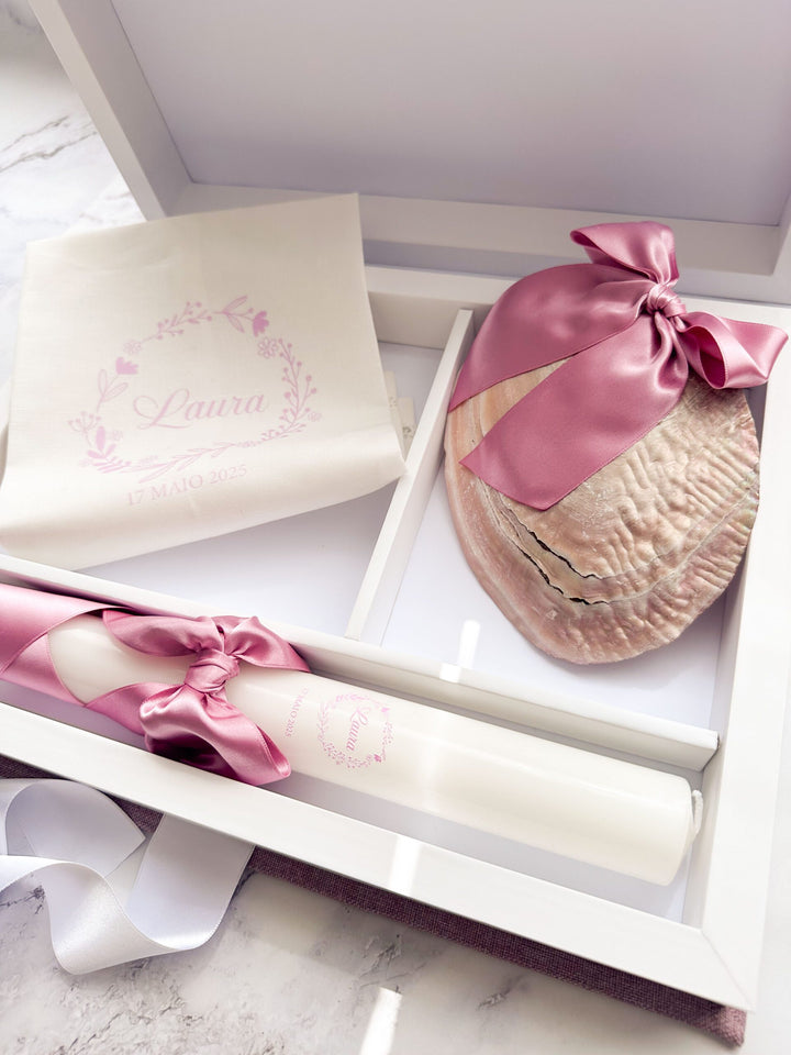 Conjunto de Batizado com Vela, Toalha e Caixa Rosa - Coleção Rosa Natura 🌿🎀