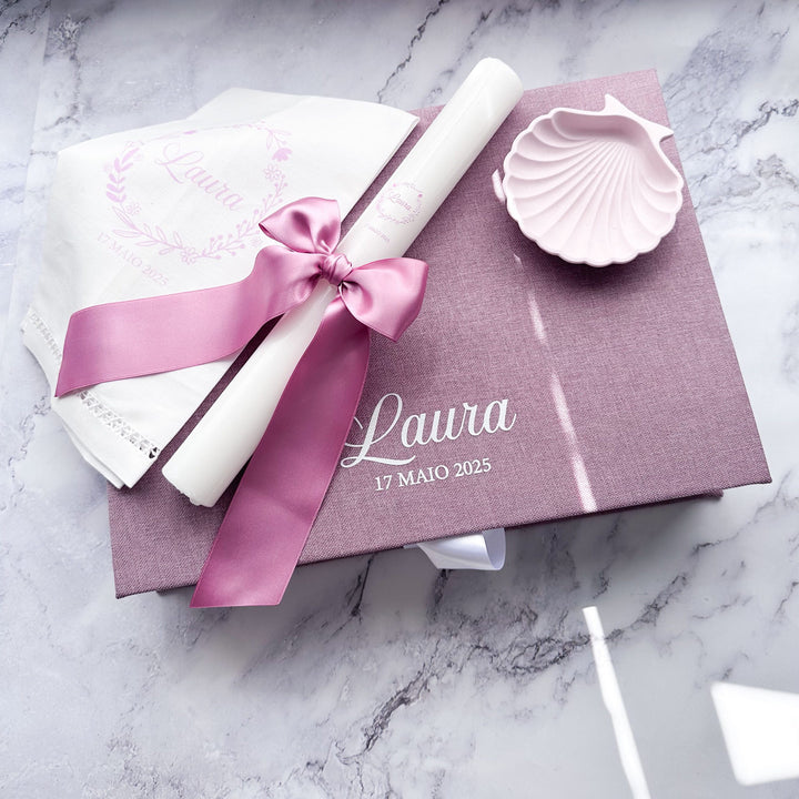 Conjunto de Batizado com Vela, Toalha e Caixa Rosa - Coleção Rosa Natura 🌿🎀