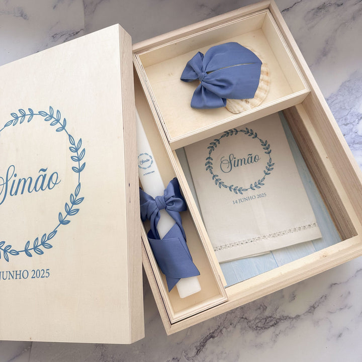 Conjunto Batizado DELUXE NATURE com Vela Concha Toalha e Caixa Grande - Gorgurão