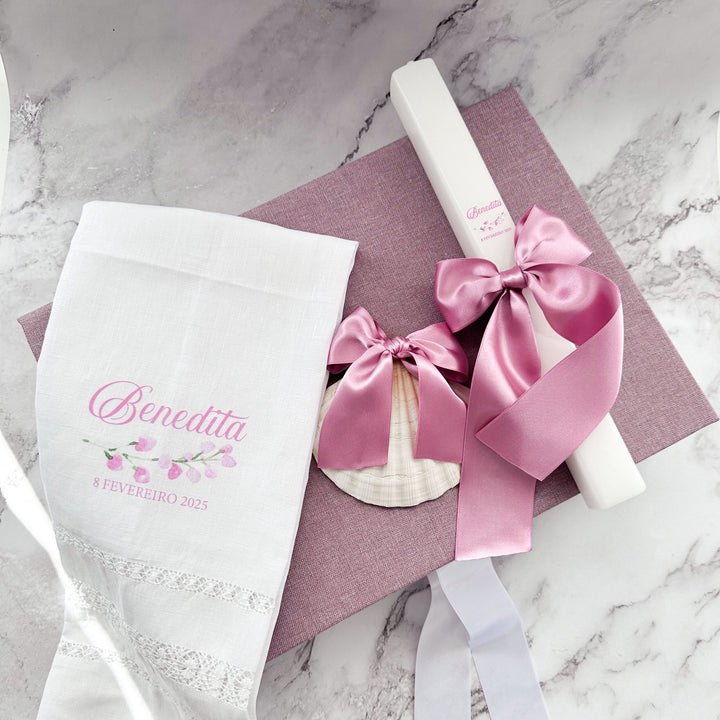 Conjunto de Batizado com Vela, Toalha e Caixa Rosa - Coleção Rosa Natura 🌿🎀