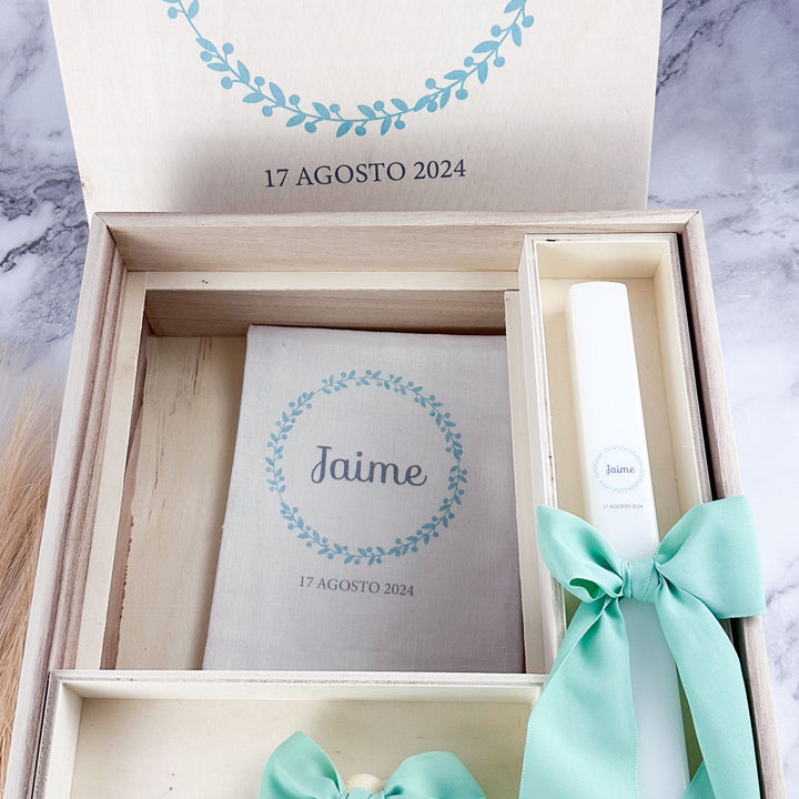 Conjunto Batizado DELUXE NATURE com Vela Concha Toalha e Caixa Grande - Gorgurão