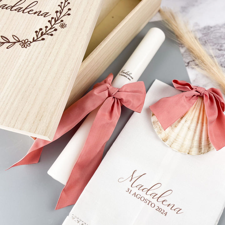 Conjunto Batizado DELUXE NATURE com Vela Concha Toalha e Caixa Grande - Gorgurão