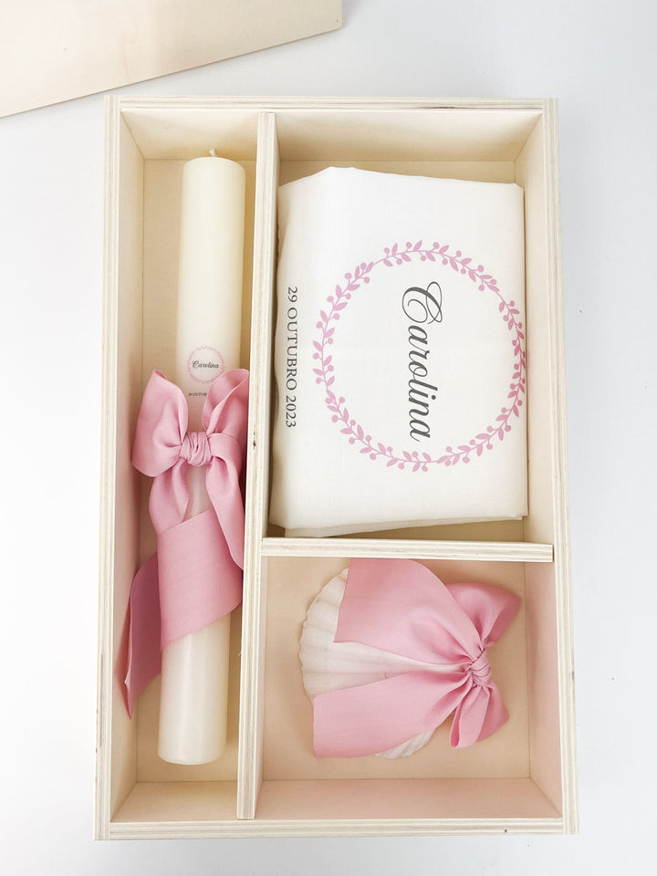 Caixa Batizado DELUX NATURE para vela toalha e concha