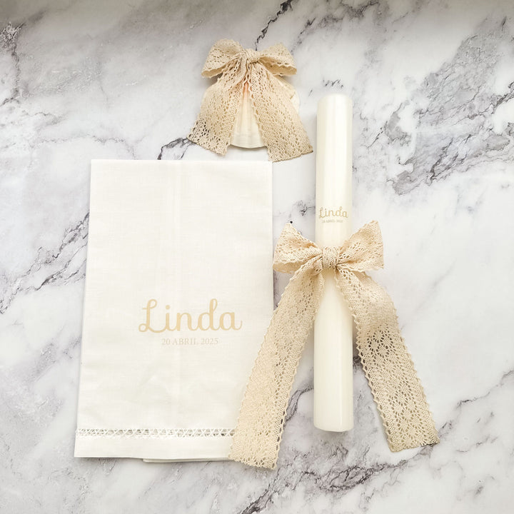 Conjunto Batizado RENDA POEMA com Vela Toalha e Concha