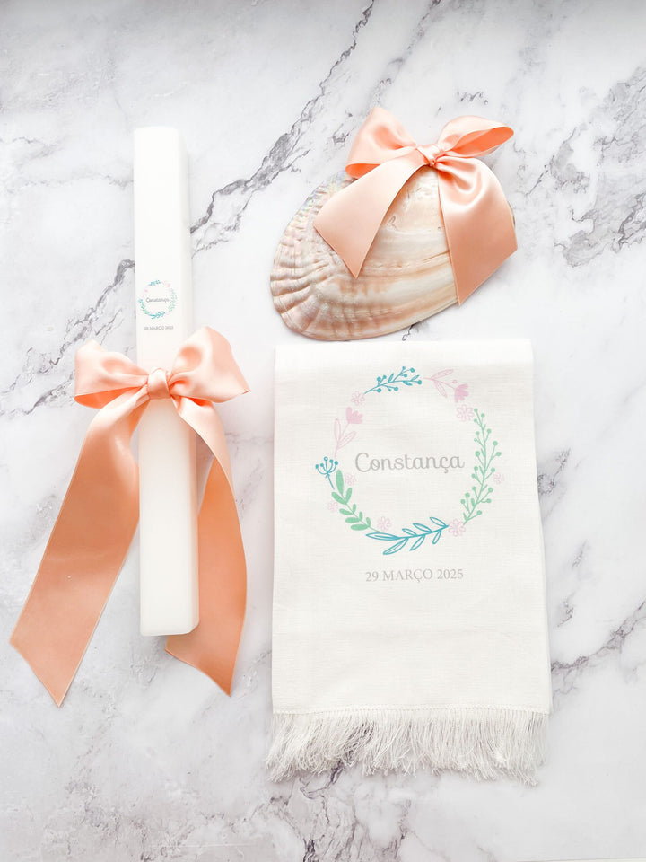 Conjunto Batizado Classic Nature com Vela Concha Toalha - Cetim