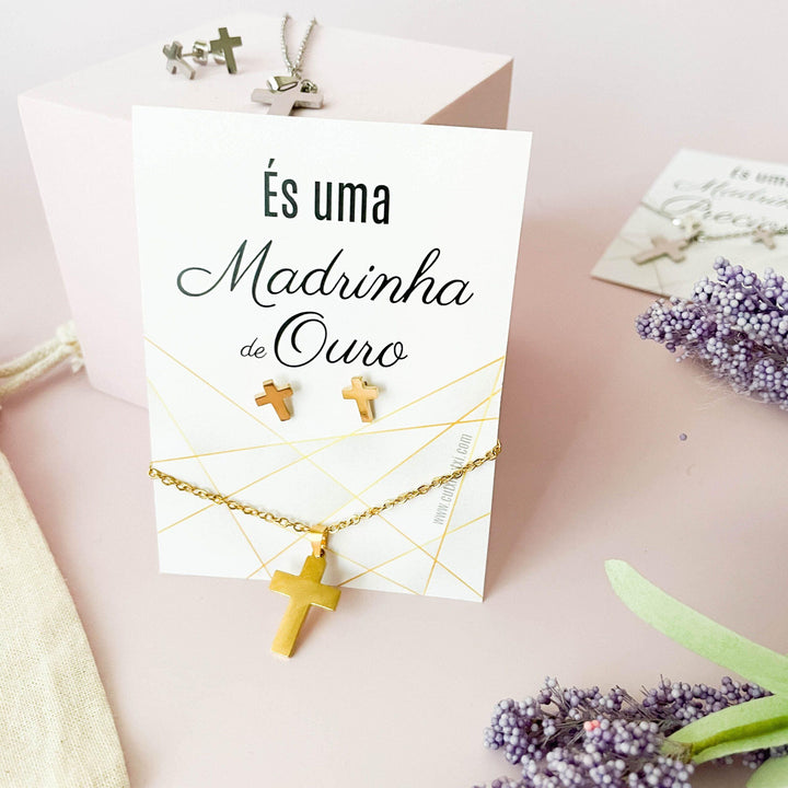 Conjunto de Colar e Brincos em aço com Cruz para Madrinha, afilhada