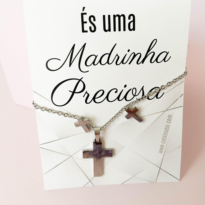 Conjunto de Colar e Brincos em aço com Cruz para Madrinha, afilhada