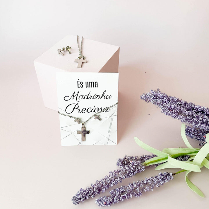 Conjunto de Colar e Brincos em aço com Cruz para Madrinha, afilhada