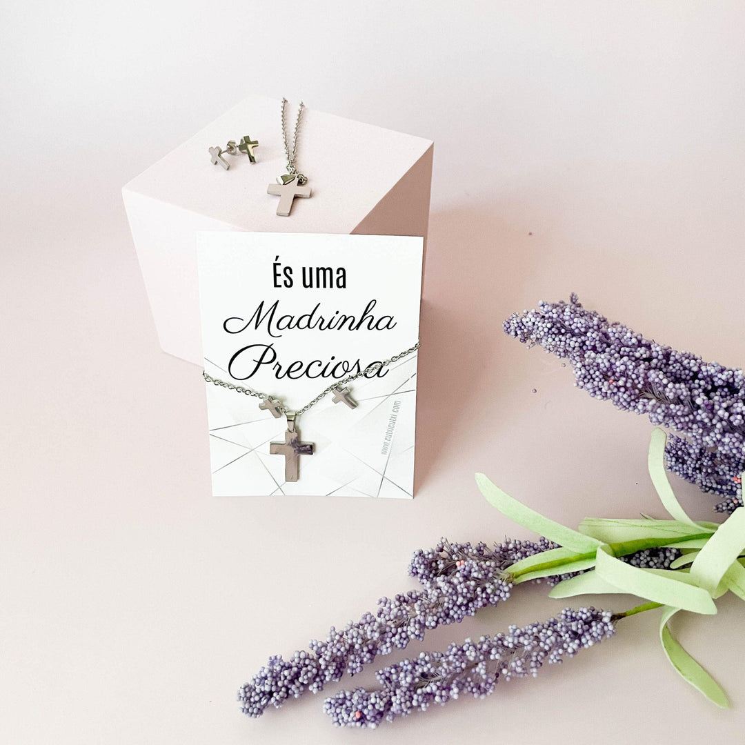Conjunto de Colar e Brincos em aço com Cruz para Madrinha, afilhada