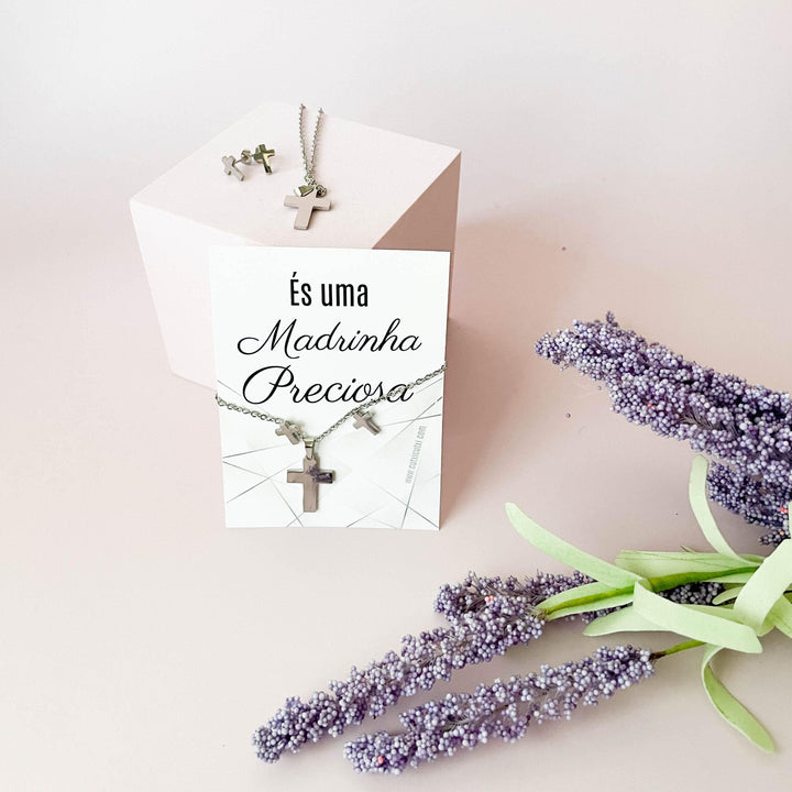 Conjunto de Colar e Brincos em aço com Cruz para Madrinha, afilhada