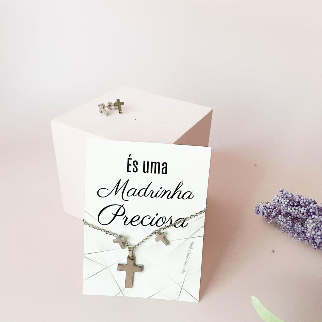Conjunto de Colar e Brincos em aço com Cruz para Madrinha, afilhada