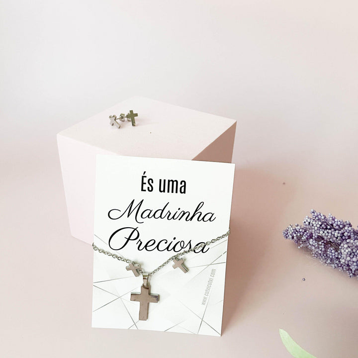 Conjunto de Colar e Brincos em aço com Cruz para Madrinha, afilhada