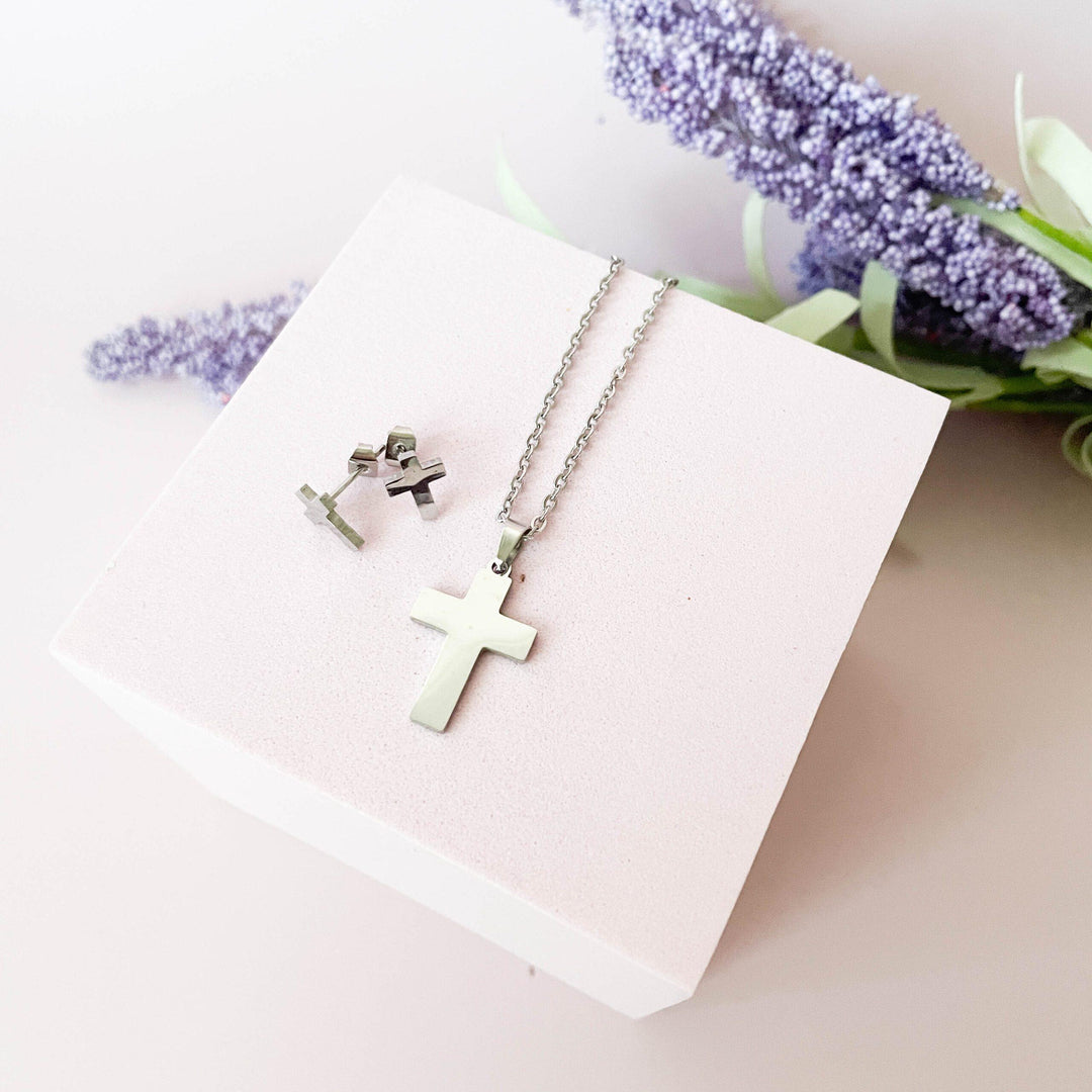 Conjunto de Colar e Brincos em aço com Cruz para Madrinha, afilhada