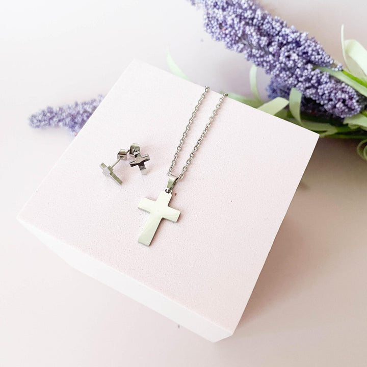 Conjunto de Colar e Brincos em aço com Cruz para Madrinha, afilhada