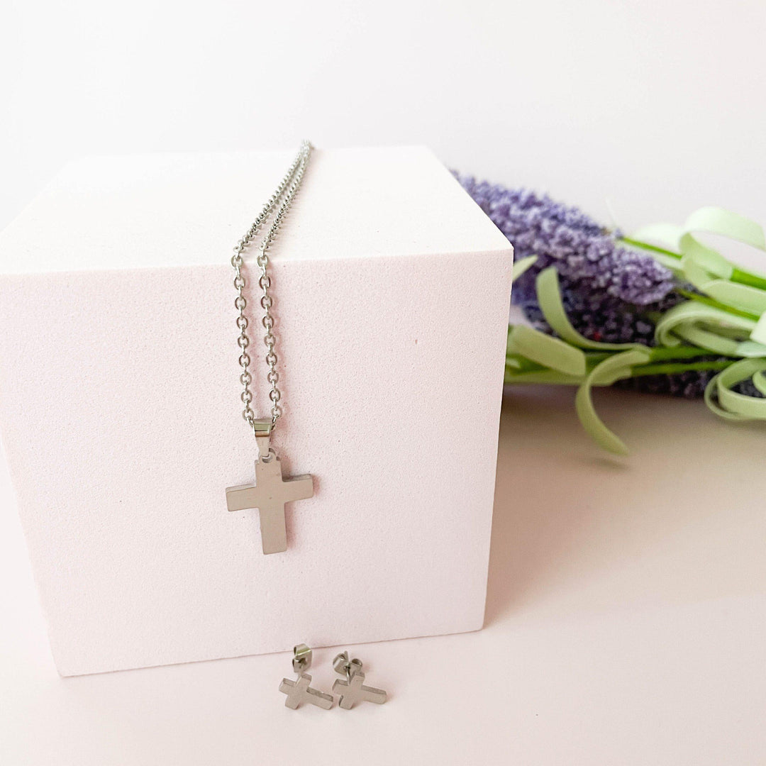 Conjunto de Colar e Brincos em aço com Cruz para Madrinha, afilhada