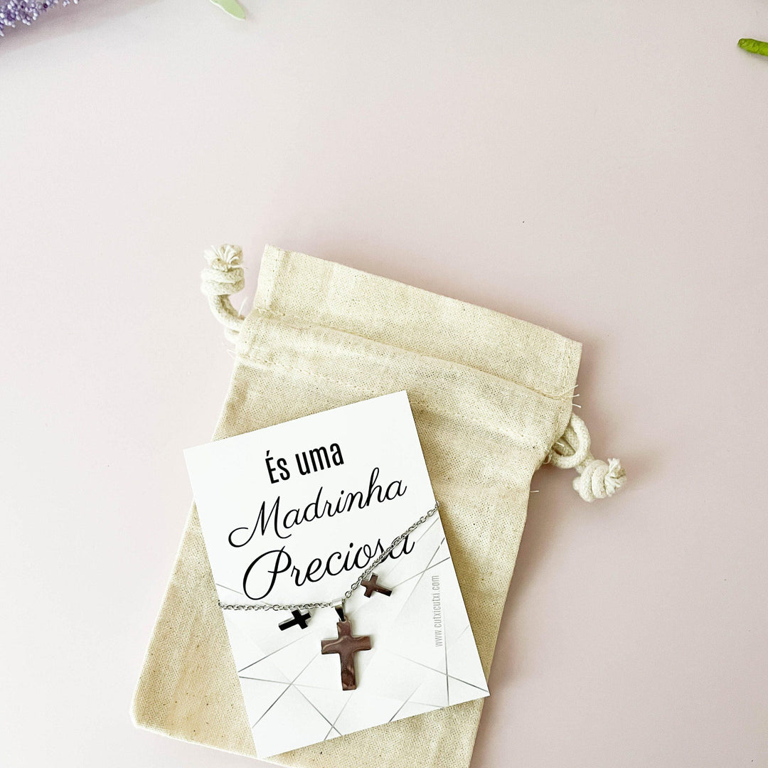 Conjunto de Colar e Brincos em aço com Cruz para Madrinha, afilhada