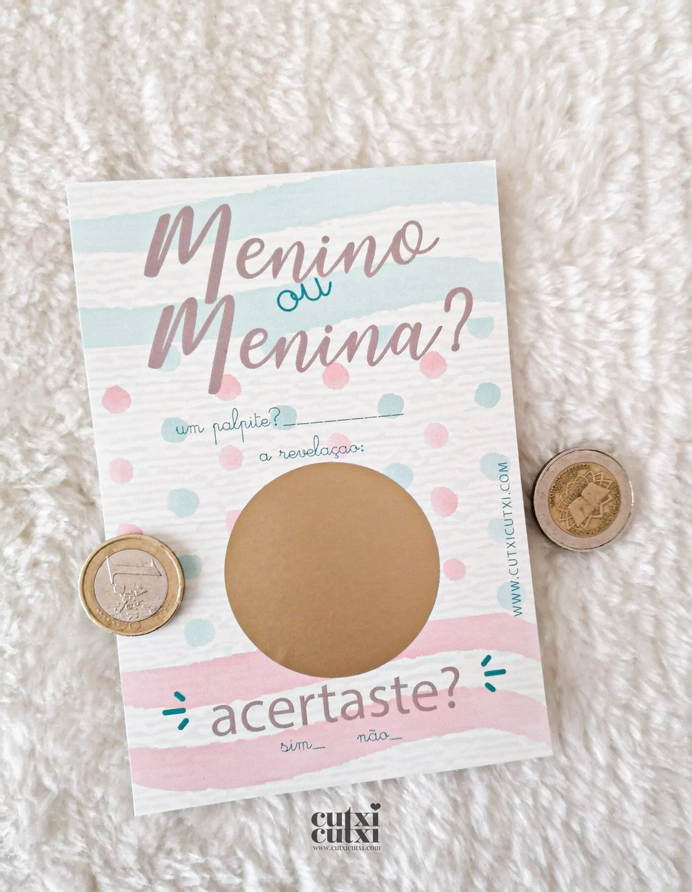 Anúncio de Revelação ACERTA o Sexo do Bebé com Raspadinha - Cutxi Cutxi - Presentes Personalizados