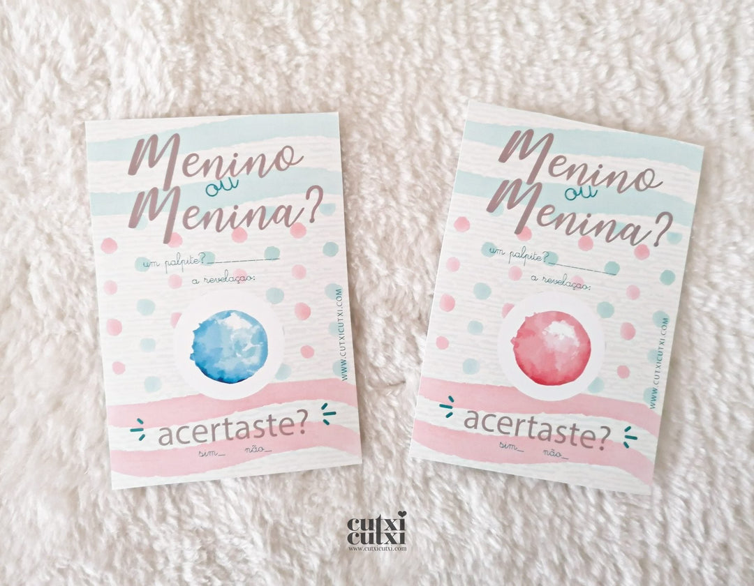 Anúncio de Revelação ACERTA o Sexo do Bebé com Raspadinha - Cutxi Cutxi - Presentes Personalizados