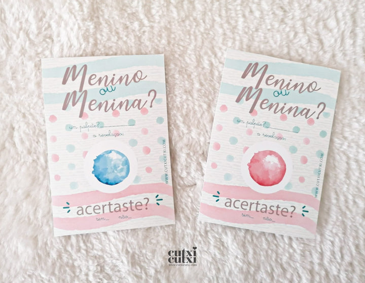 Anúncio de Revelação ACERTA o Sexo do Bebé com Raspadinha - Cutxi Cutxi - Presentes Personalizados