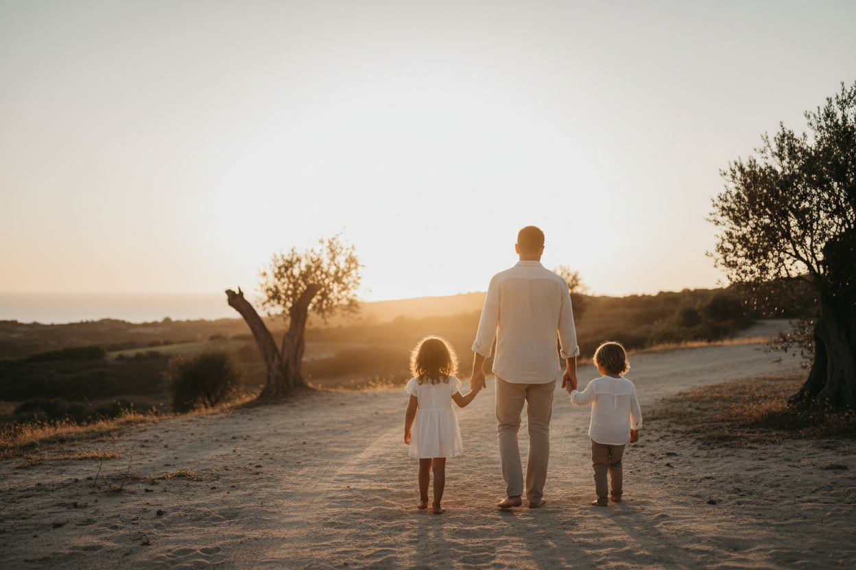 banner para o dia do pai. pai e uma filha e um filho de costas