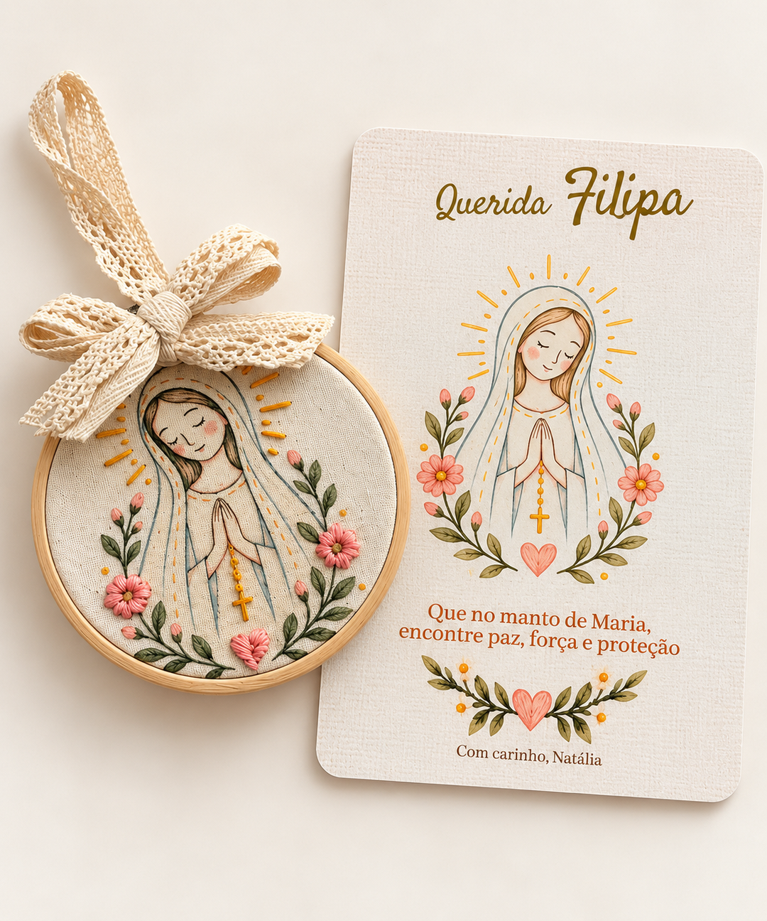 Mini hoop with Our Lady, flowers and a lace bow, beside a personalised card