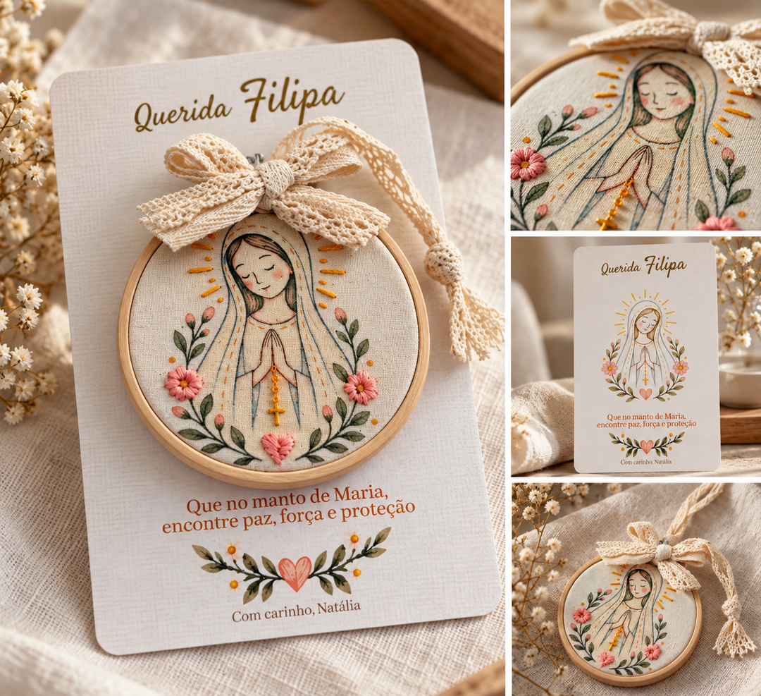 Collage of the Our Lady mini hoop with a personalised card and close-ups of the painting and flowers