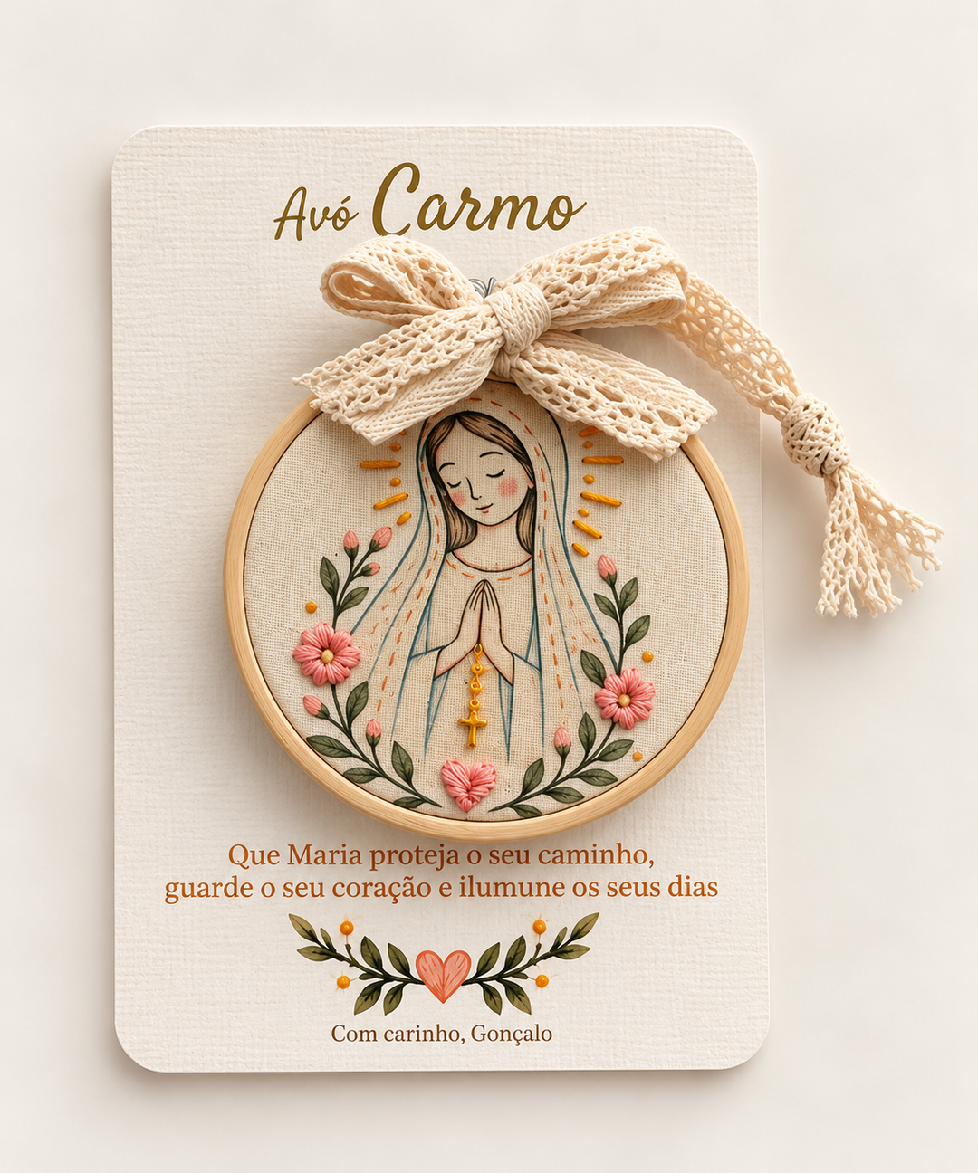 Our Lady mini hoop with a lace bow on a personalised card for Grandma