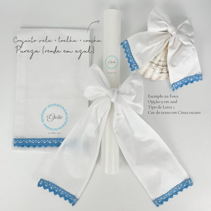 Conjunto Batizado Pureza Azul com Vela Toalha e Concha