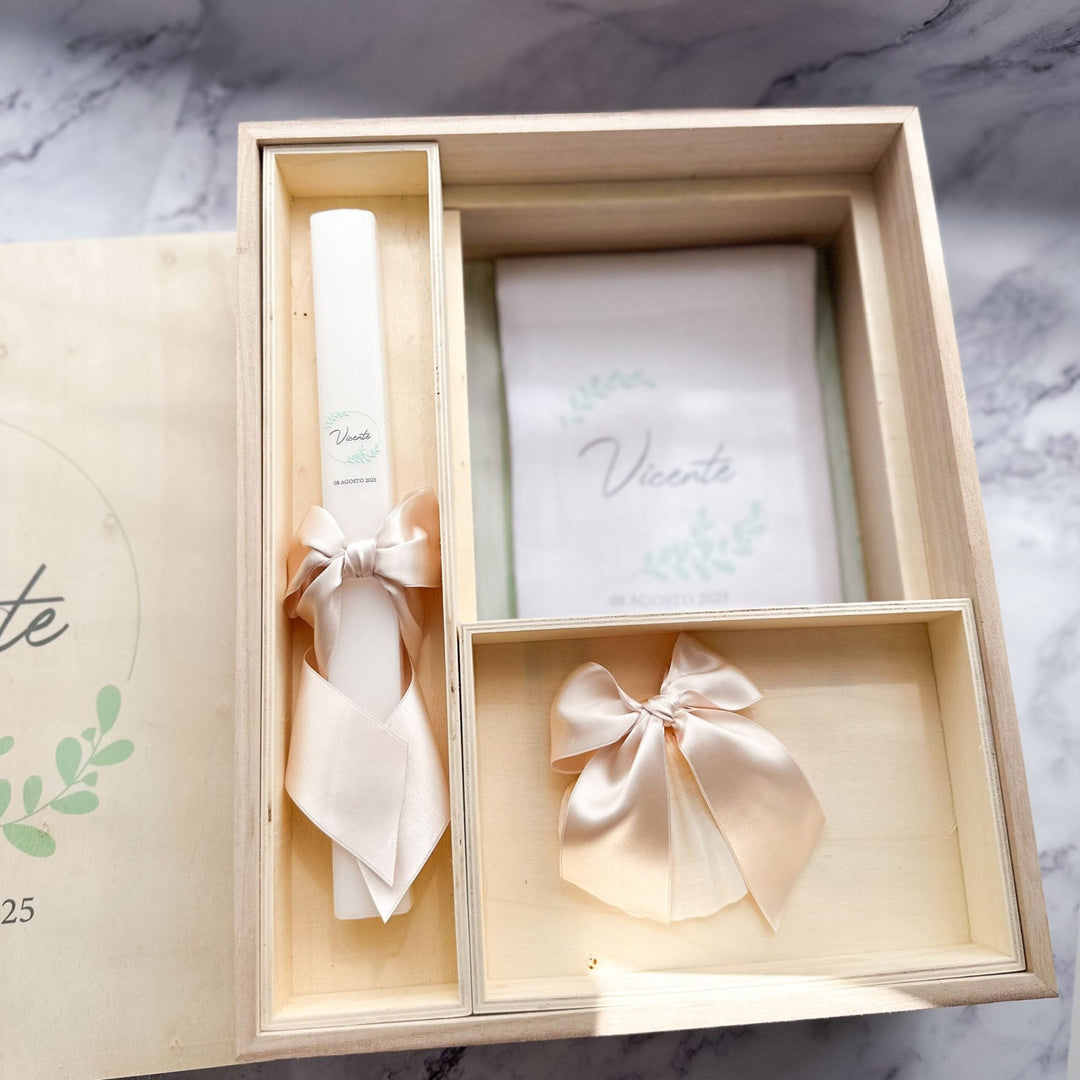 Caixa Batizado DELUX NATURE para vela toalha concha e roupa - Cutxi Cutxi - Presentes Personalizados