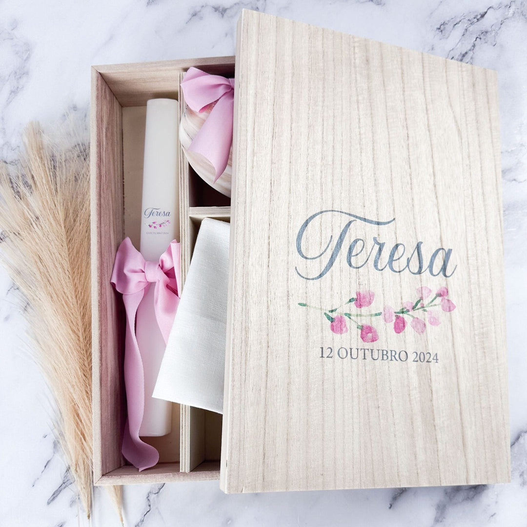 Caixa Batizado DELUX NATURE para vela toalha e concha - Cutxi Cutxi - Presentes Personalizados