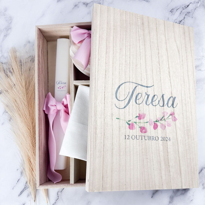 Caixa Batizado DELUX NATURE para vela toalha e concha - Cutxi Cutxi - Presentes Personalizados