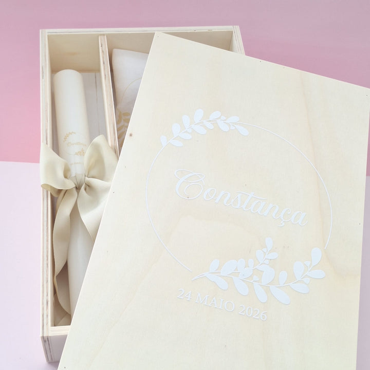 Caixa Batizado DELUX NATURE para vela toalha e concha - Cutxi Cutxi - Presentes Personalizados