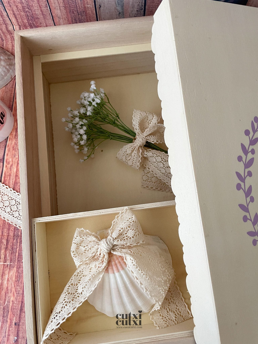 Caixa Batizado NATURE PREMIUM para vela toalha concha e roupa - Cutxi Cutxi - Presentes Personalizados