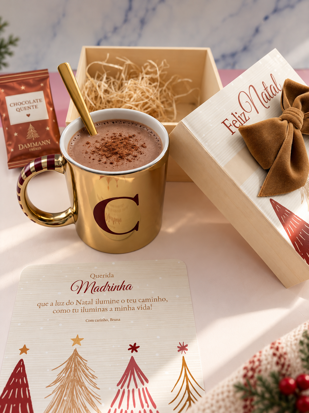 Caixa de Natal personalizada com caneca dourada, chocolate quente e mensagem personalizada