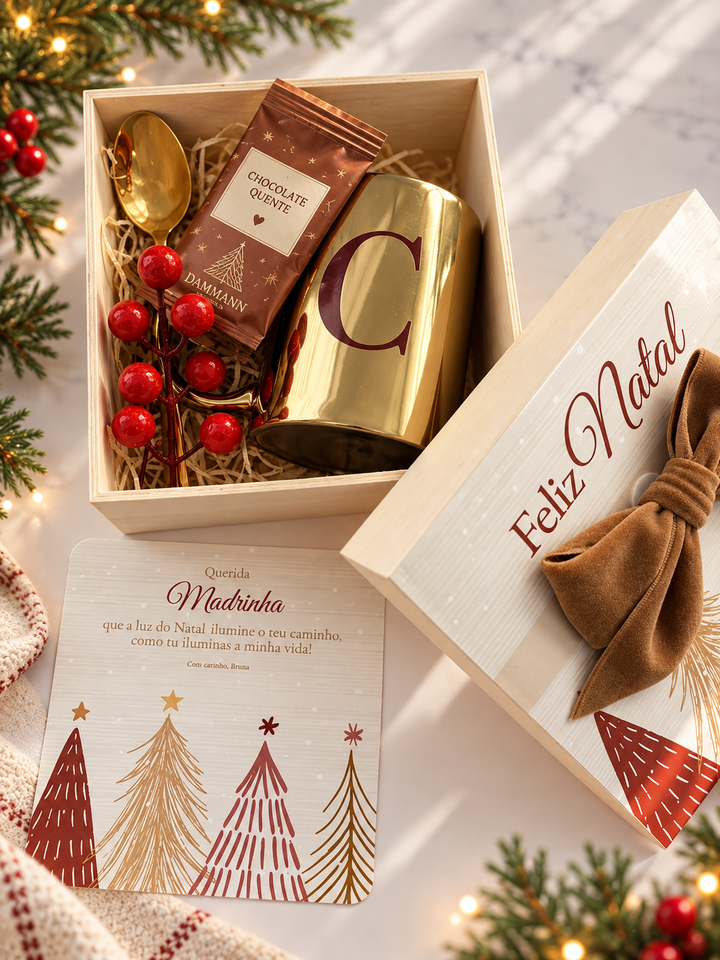 Caixa de Natal aberta com caneca dourada personalizada, colher dourada e chocolate quente
