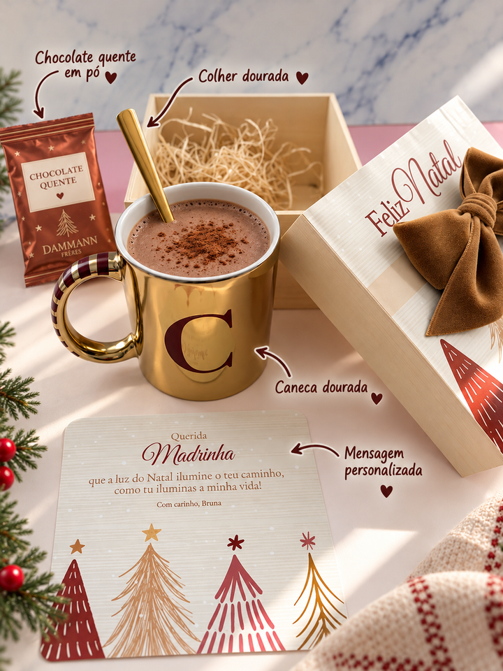 Detalhes da caixa de Natal personalizada com caneca dourada, colher dourada, chocolate quente e mensagem