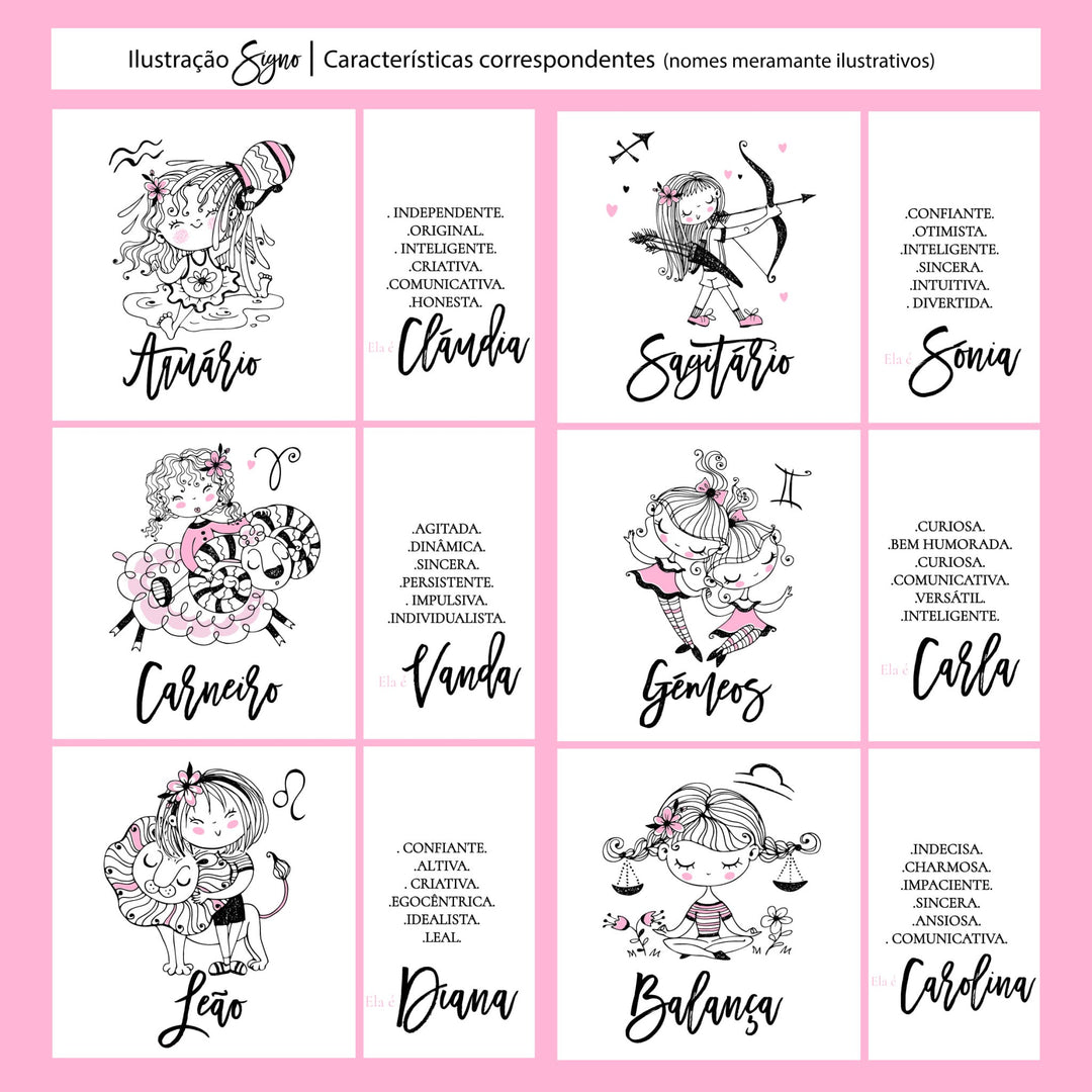 Caneca ilustrada Signo personalizada com nome e características - Cutxi Cutxi - Presentes Personalizados