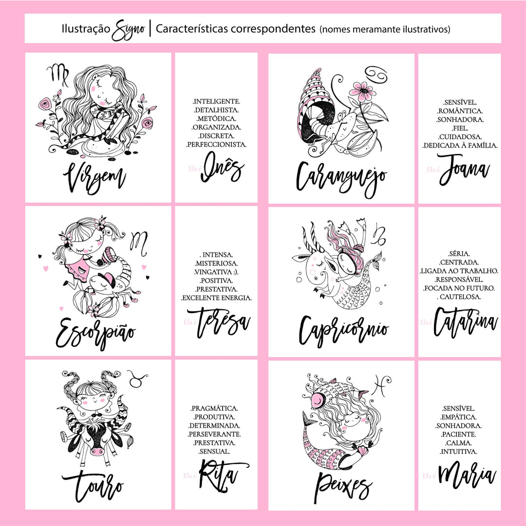 Caneca ilustrada Signo personalizada com nome e características - Cutxi Cutxi - Presentes Personalizados