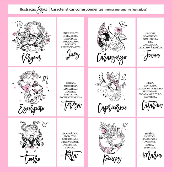 Caneca ilustrada Signo personalizada com nome e características - Cutxi Cutxi - Presentes Personalizados