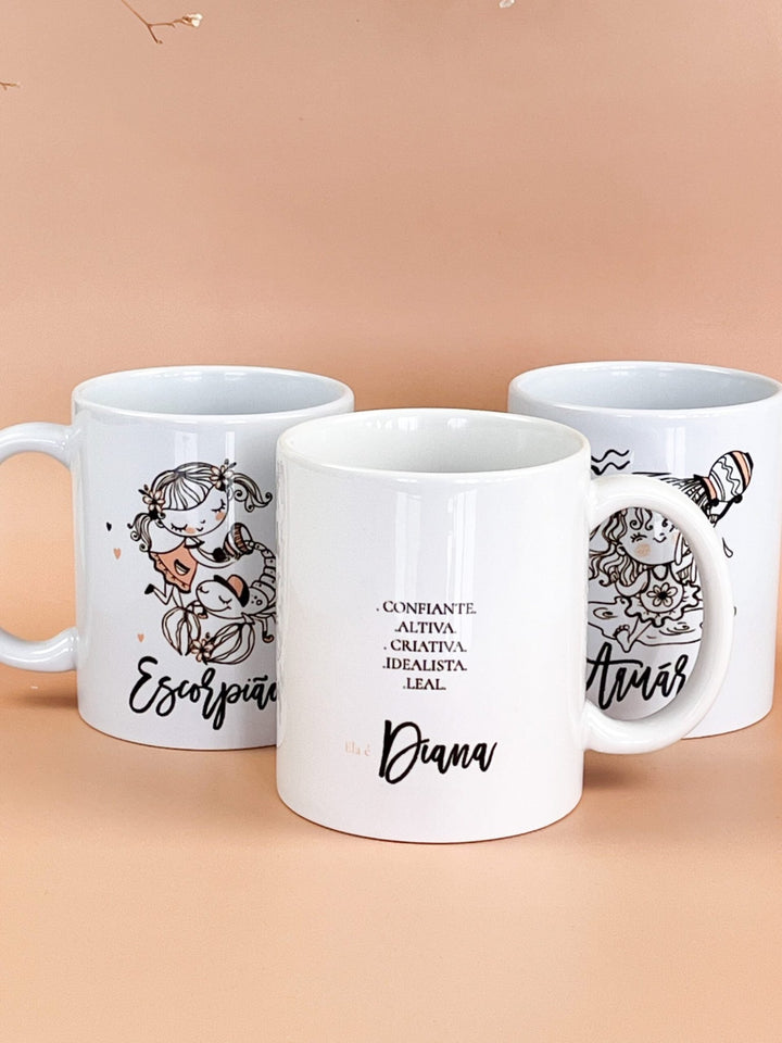 Caneca ilustrada Signo personalizada com nome e características - Cutxi Cutxi - Presentes Personalizados