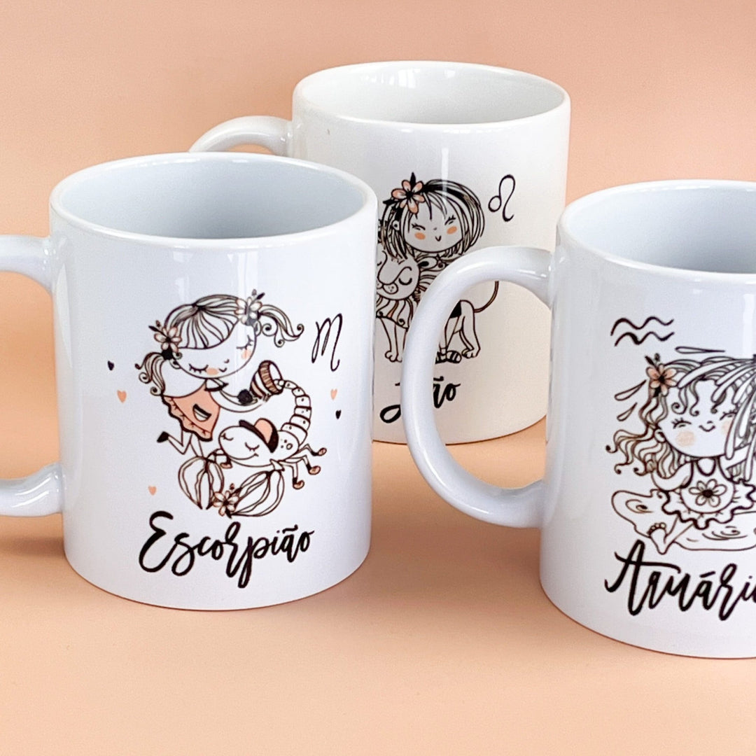 Caneca ilustrada Signo personalizada com nome e características - Cutxi Cutxi - Presentes Personalizados