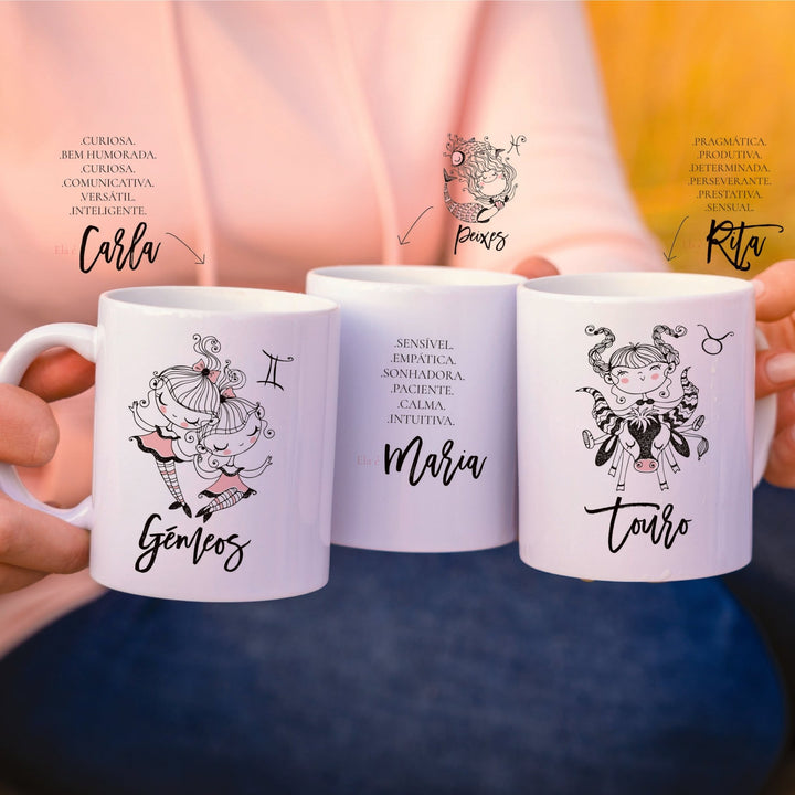 Caneca ilustrada Signo personalizada com nome e características - Cutxi Cutxi - Presentes Personalizados