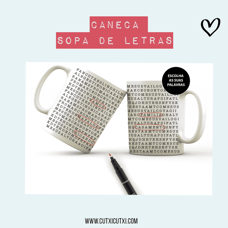 Caneca Sopa de Letras - Cutxi Cutxi - Presentes Personalizados