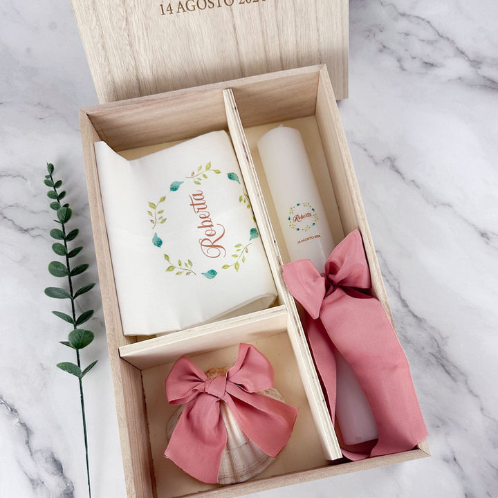 Conjunto Batizado DELUXE NATURE com Vela Concha Toalha e Caixa média - Gorgurão