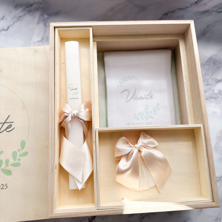 Conjunto Batizado DELUXE NATURE com Vela Concha Toalha e Caixa Grande - Cetim