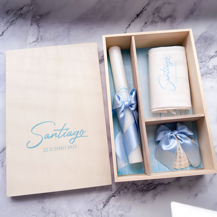Conjunto Batizado DELUXE NATURE com Vela Concha Toalha e Caixa média - CETIM