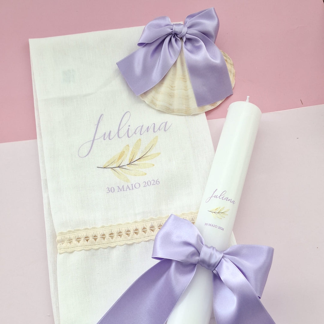Conjunto Batizado Alegria Cetim | Vela · Toalha · Concha - Cutxi Cutxi - Presentes Personalizados